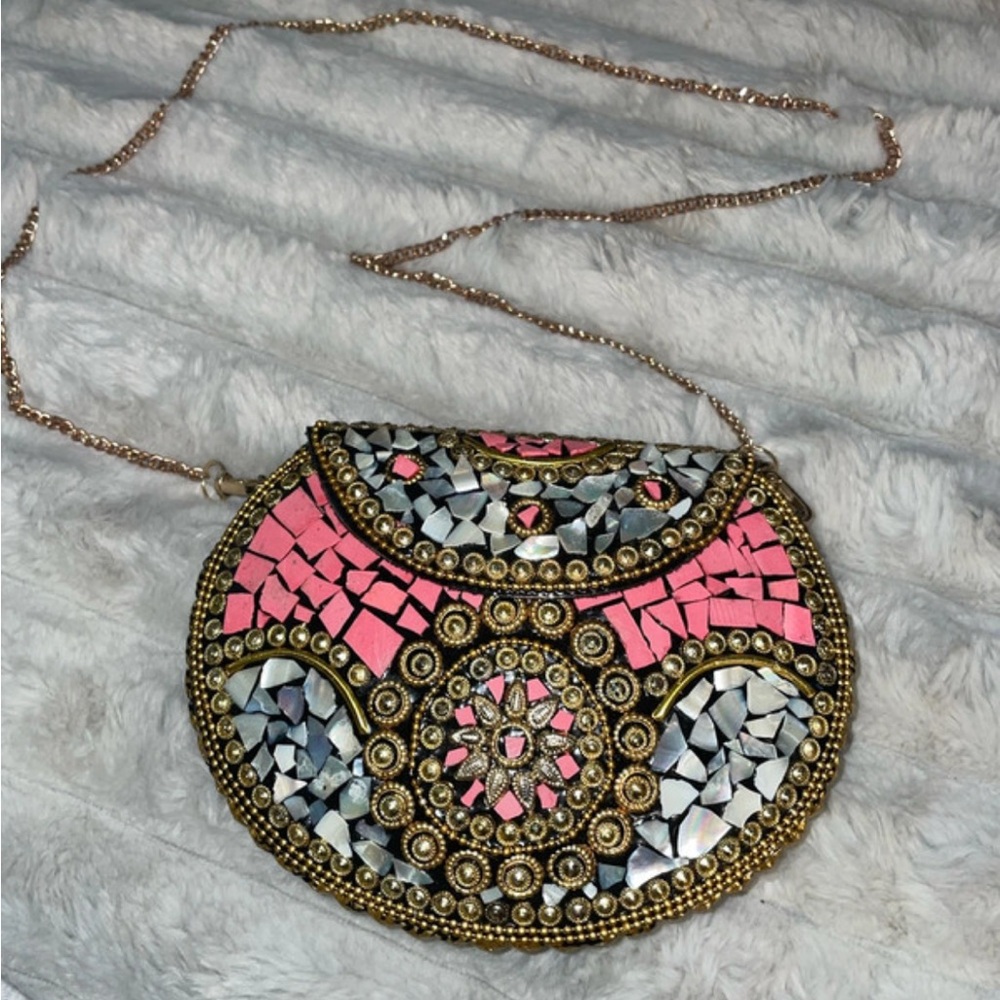 Beaded Mosaic Pink Crescent Crossbody Bag